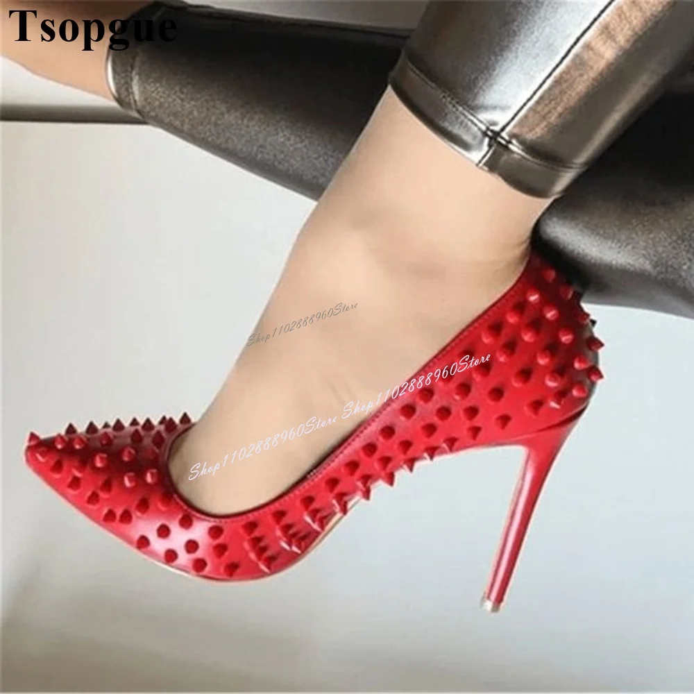 Runway Red Leather Rivet Decor Shallow Pumps Stilettos High Heel Women Shoes Slip-On Pointed Toe 2024 Sexy Zapatos Para Mujere