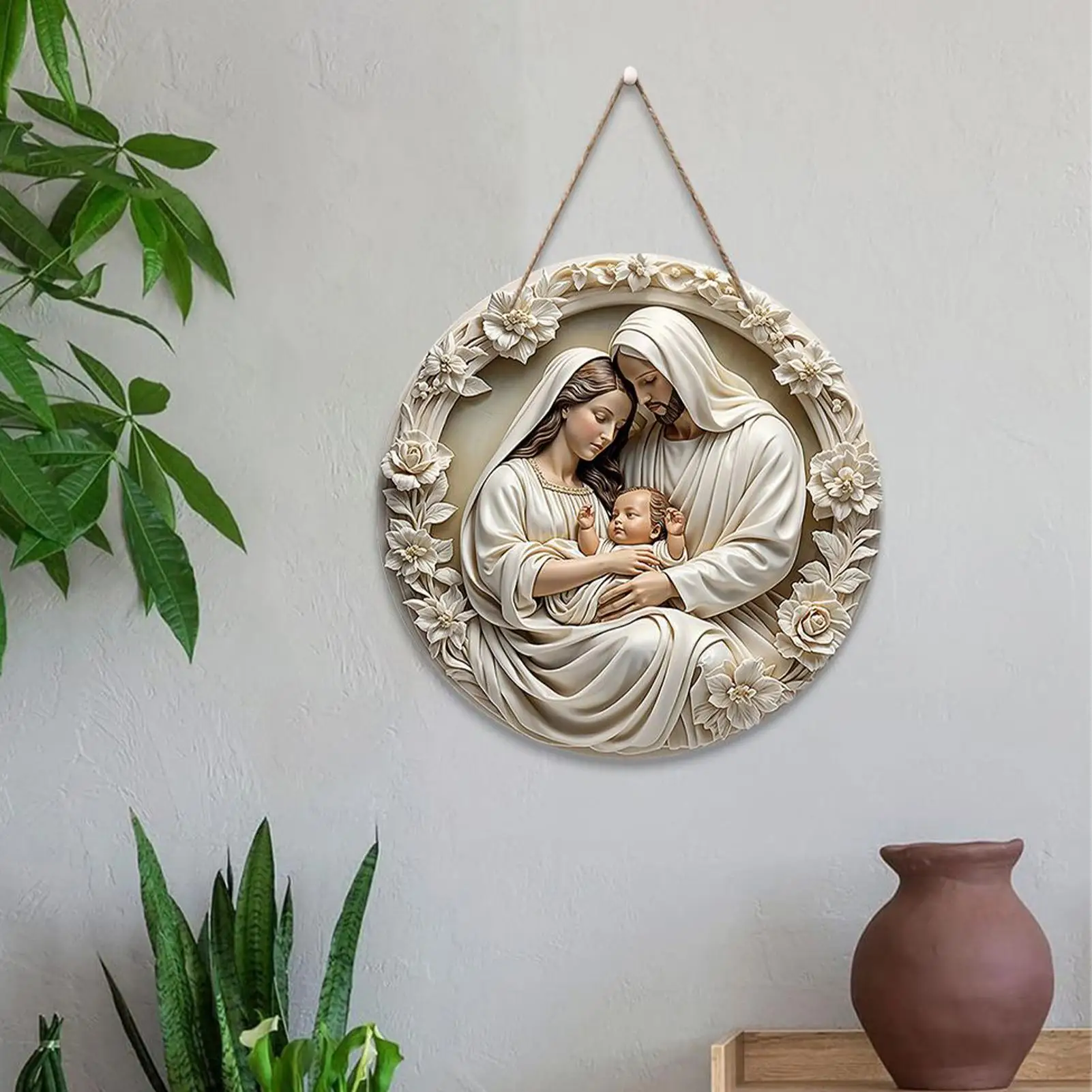 Nativity Scene Ornaments Round Winter Holiday Sign The Birth Of Jesus Decor Classic Wooden Nativity Scene Ornament for Door Wall