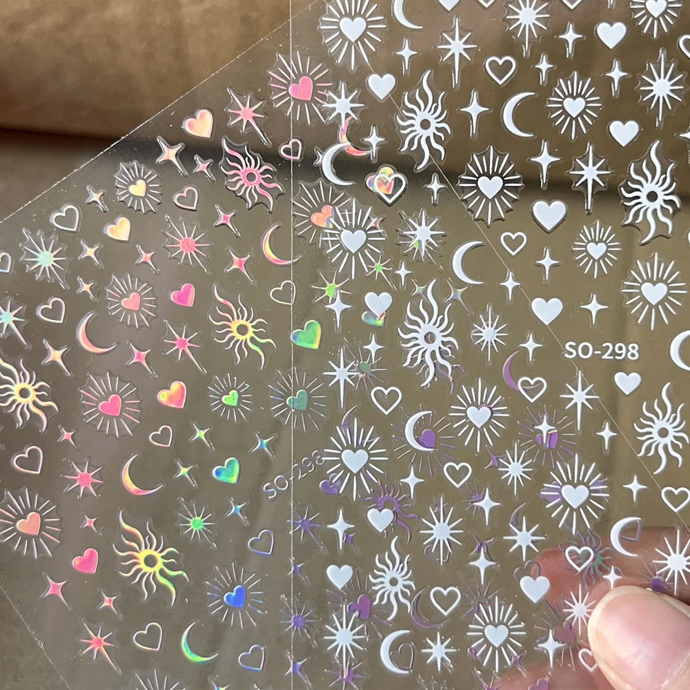 2 Sheets 3D Laser Star Sun Moon Bronzing Nail Art Stickers Laser Pink+White Bohemia Starburst Nail Decals DIY Romantic Manicure