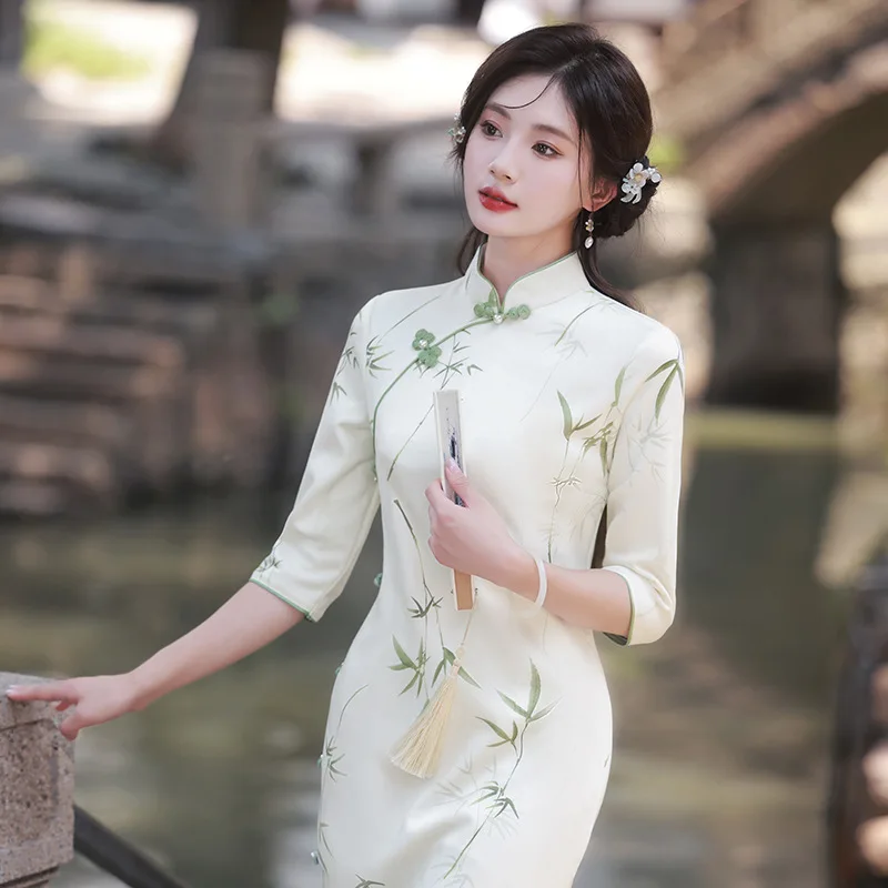 Cheongsam en tissu suédé Qipao imprimé bambou, col montant, manches mi-longues, fente latérale, robe couvertes, costume traditionnel chinois