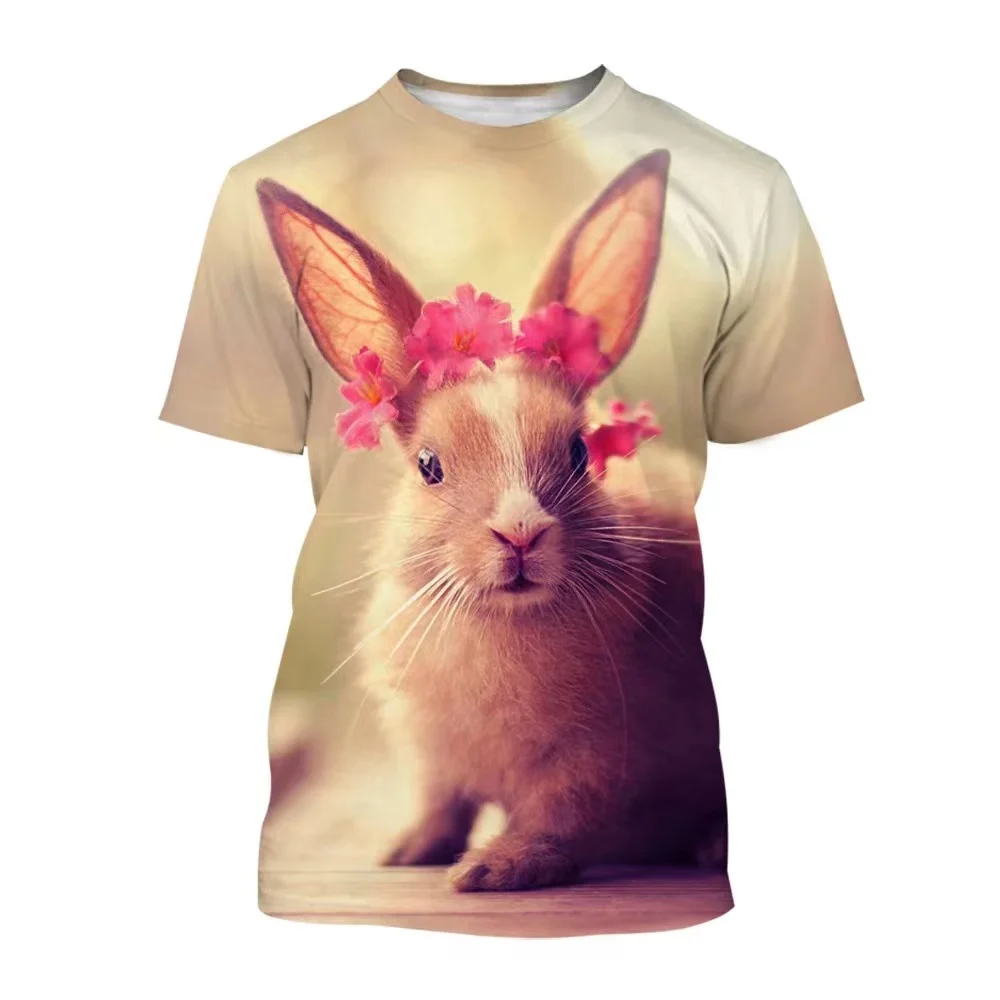 Cute Pet Rabbit 3D Three-dimensional Digital Printing Design Children's T-shirt Cute Energetic Sweet Girls  Short Sleeve Summer