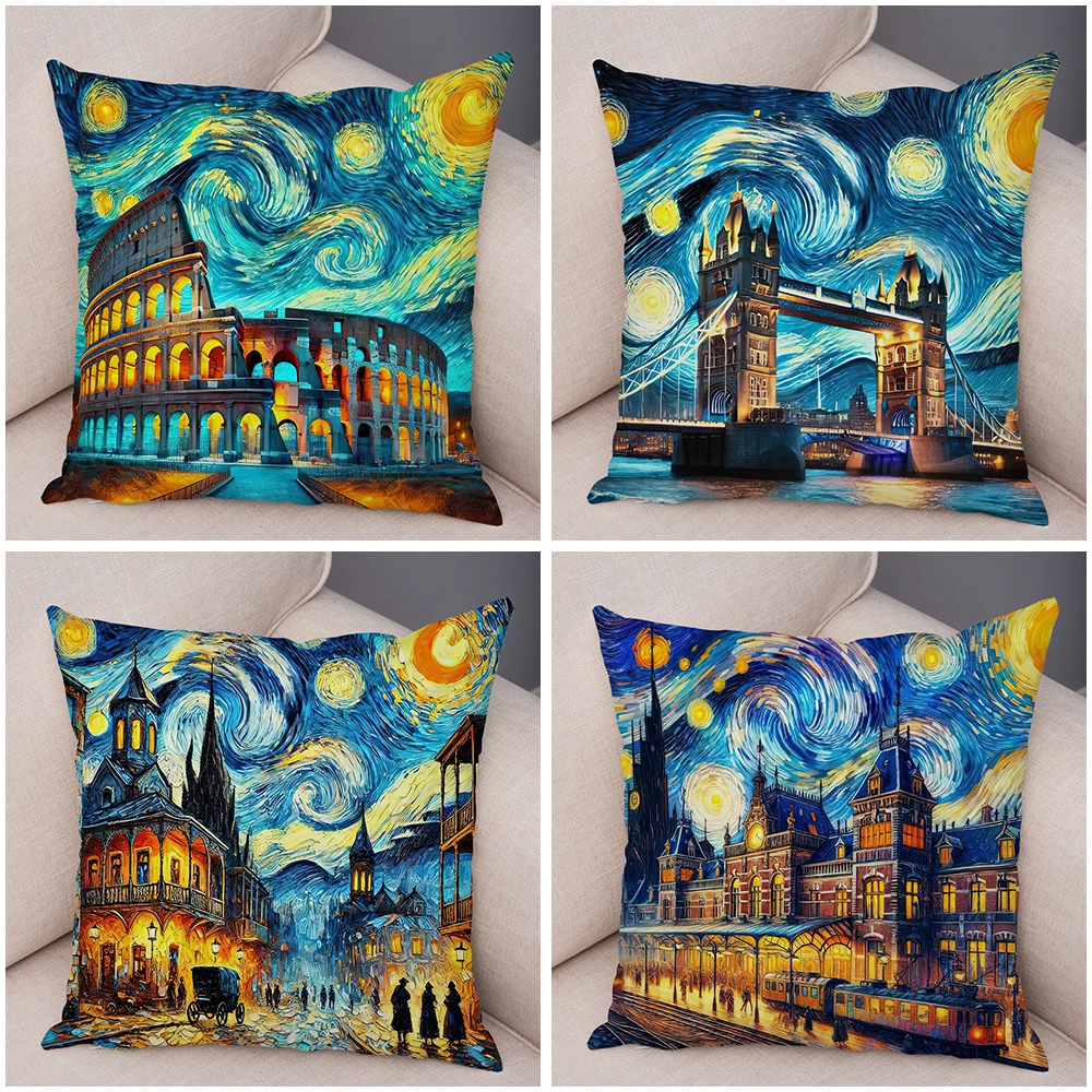 Nueva York París Londres Roma funda de cojín decoración cielo estrellado arte doble estampado funda de almohada suave funda