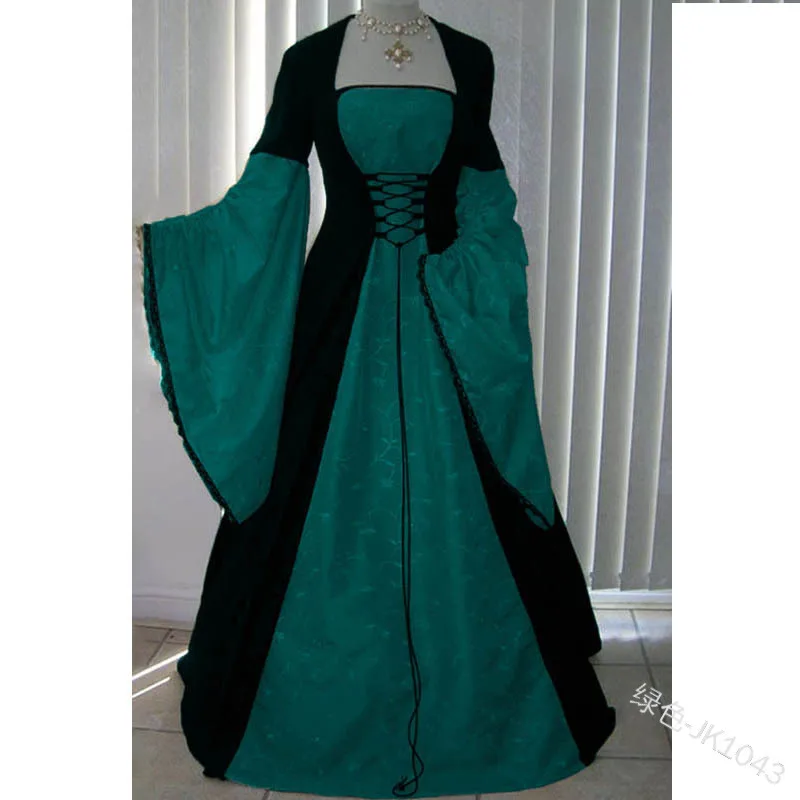 Cosplay Costume Retro Long Dress Medieval Color Matching Waistband Renaissance Long Dress