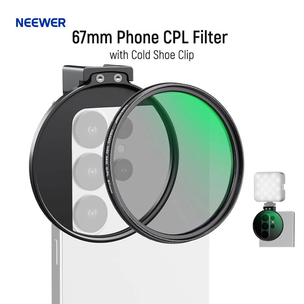 NEEWER 67mm Filtr CPL do Telefonu z Klipsem Cold Shoe, Filtr Polaryzacyjny Kołowy HD do Samsung S26 Ultra iPhone 17 Pro/Pro Max