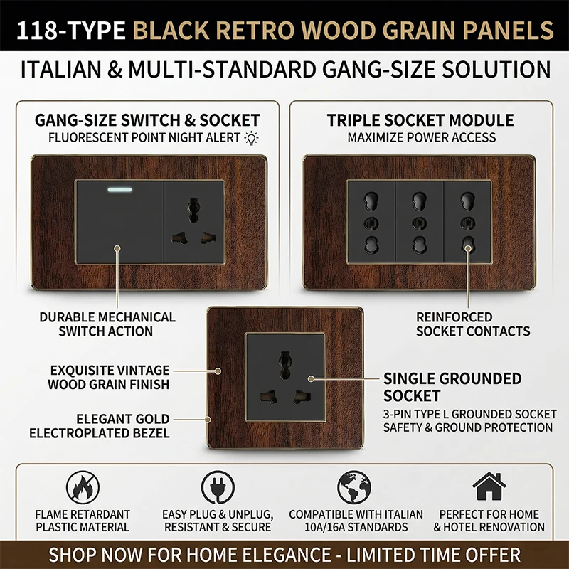 118-Type Black Retro Wood Grain Plastic Spray-Painted Panel | Italian Standard | Home Wall Switch & Socket