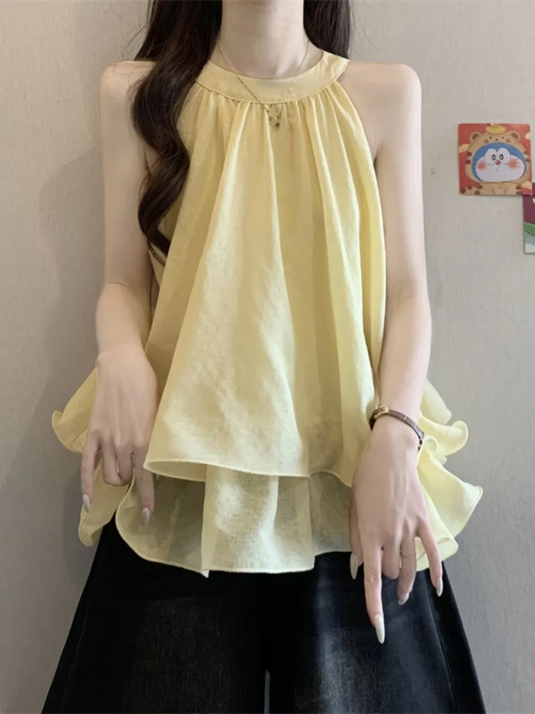 

Yellow Double Layer Ruffle Neck Sleeveless Doll Shirt Women's Summer Dopaamine Ultra Fairy Vest Top Cotton Polyester Blend
