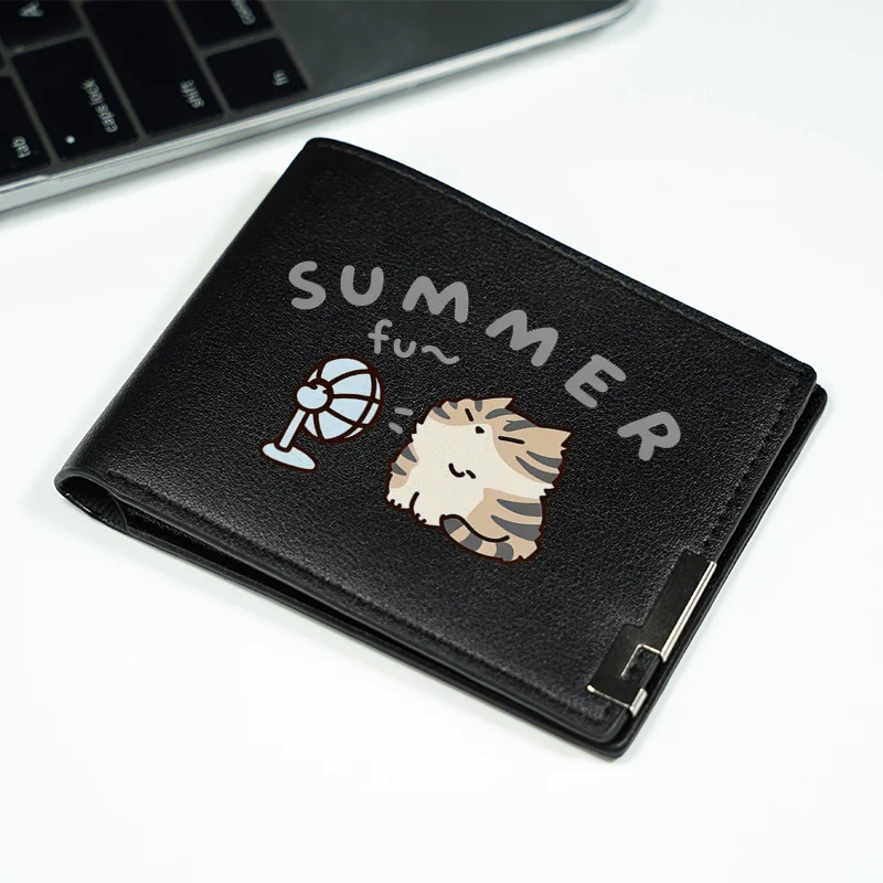 여름 재미 고양이 디자인 남성용 슬림 지갑 PU 가죽 경량 내구성 비즈니스 스타일 일상 사용 패션 액세서리