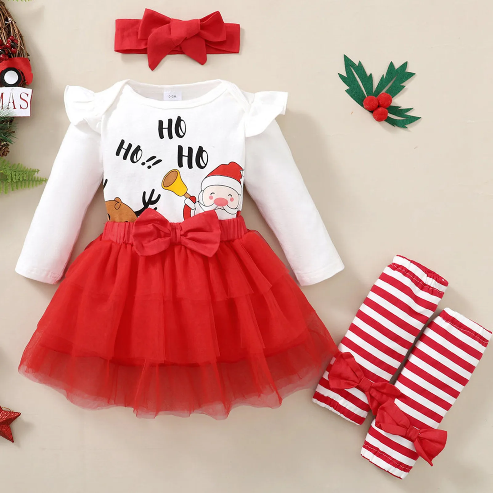 Toddler Kids Girls My First New Year Costume For Baby Santa Romper+Red Skirts+Knee Pads+Headband 4pcs Baby Christmas Outfit Girl