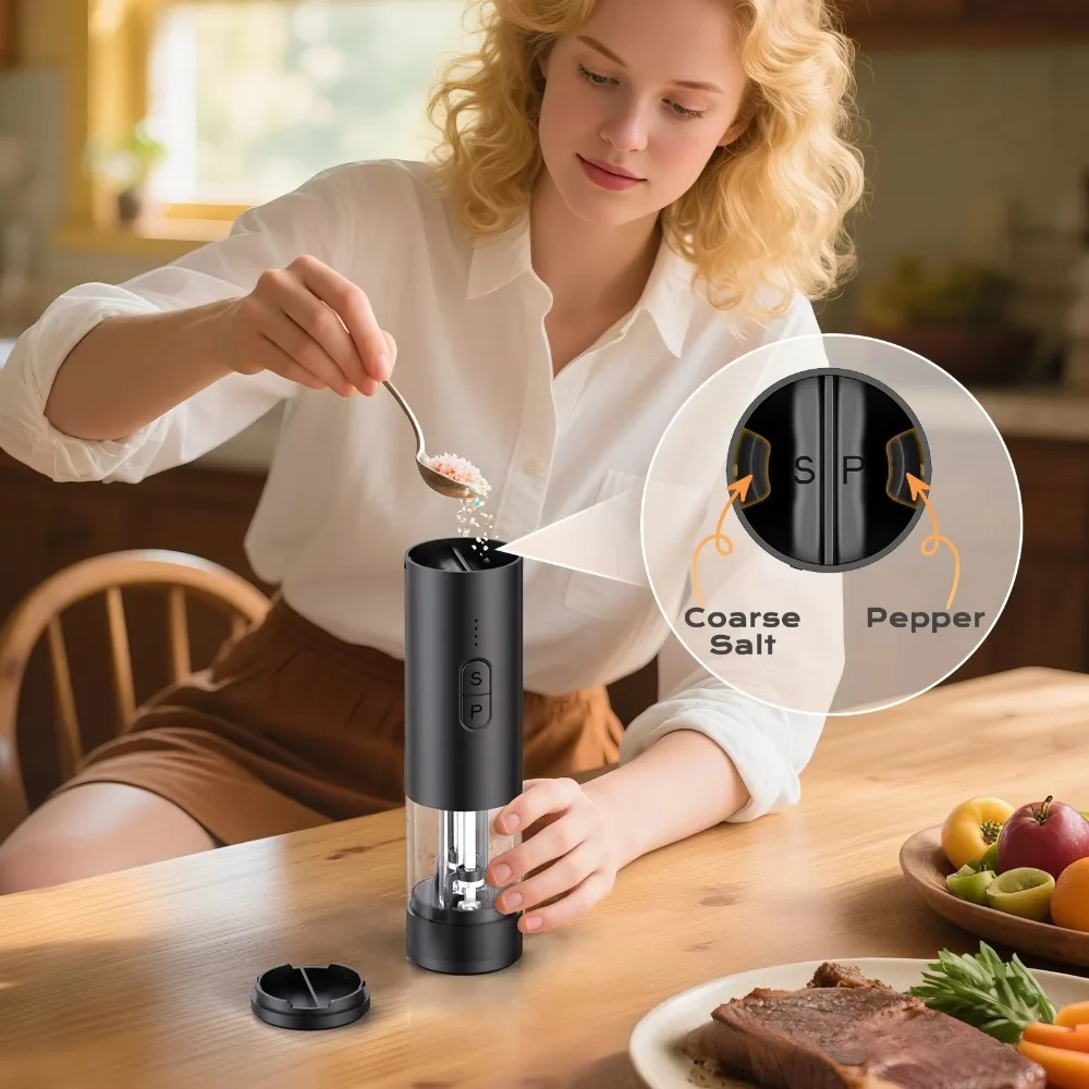 2 in 1 Electric Pepper Salt Grinder Dual Chamber USB Rechargeable Electric Pepper Mill with Lid Wireless