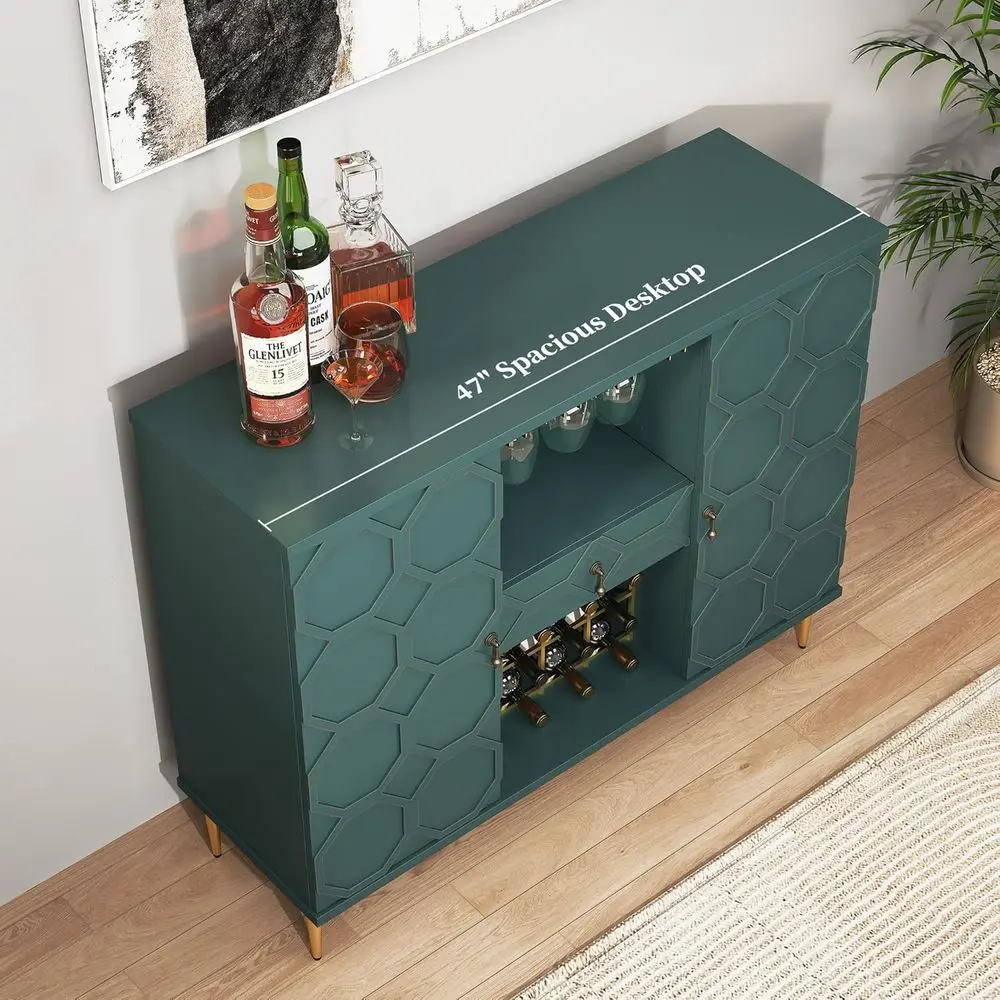 Green Geometric Door Sideboard with Wine Glass Racks and Shelves for Dining, Living, and Kitchen Areas