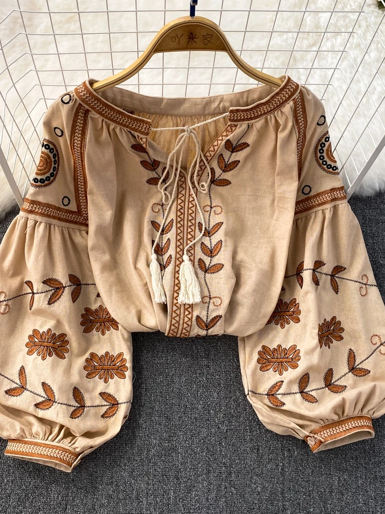 2024 Ukrainian Embroidery Blouse for Women Ethnic Style Long Sleeve Loose Cotton Linen Shirt with Round Neck Chic and Casual Top