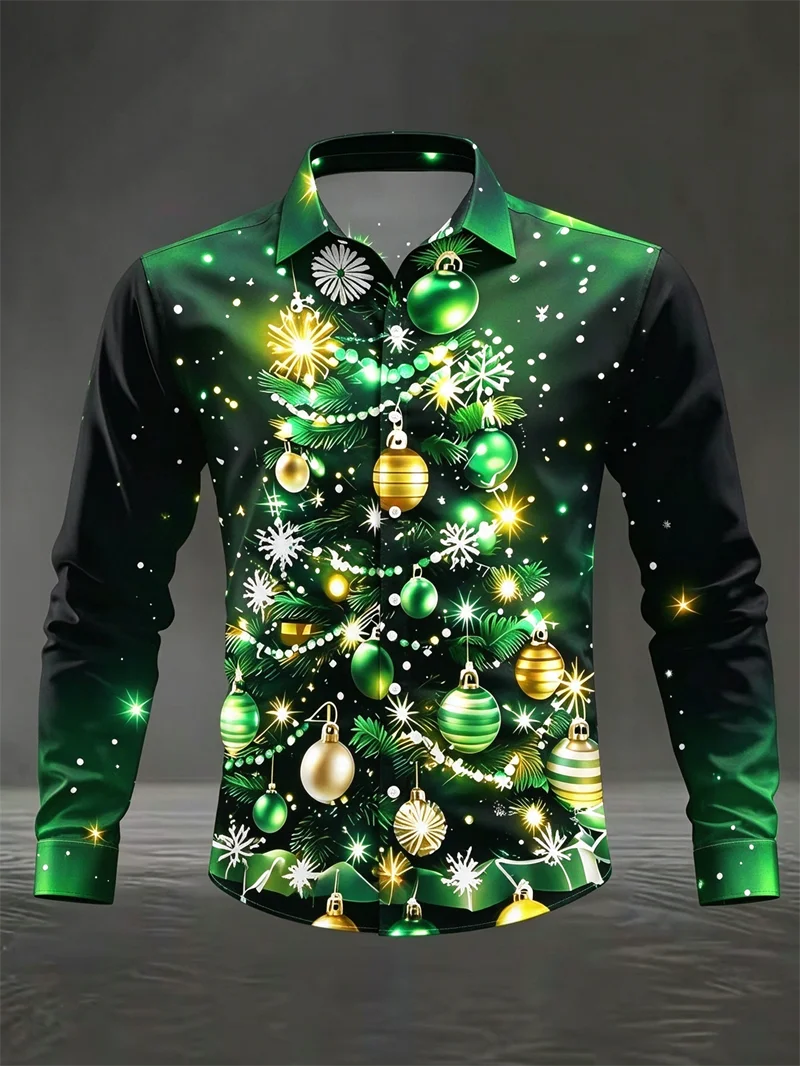 New men's pink black gradient Christmas tree long sleeved shirt with snowflake glitter star print lapel shirt