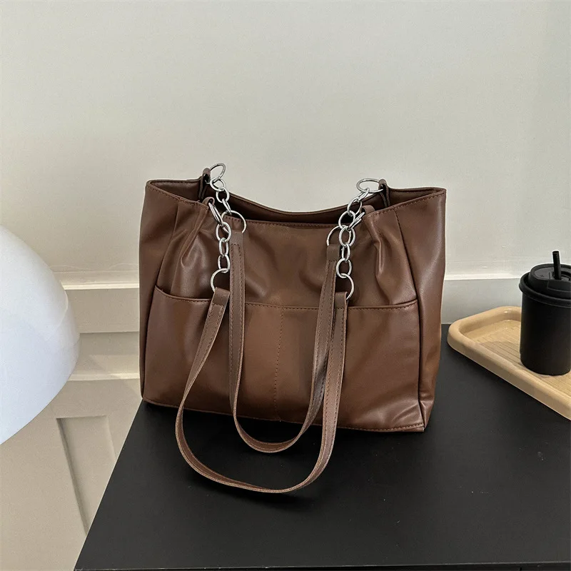 Shoulder Side Bags for Women Vintage Solid Color Simple Large Capacity Big PU Leather The Latest Handbags Travel Totes