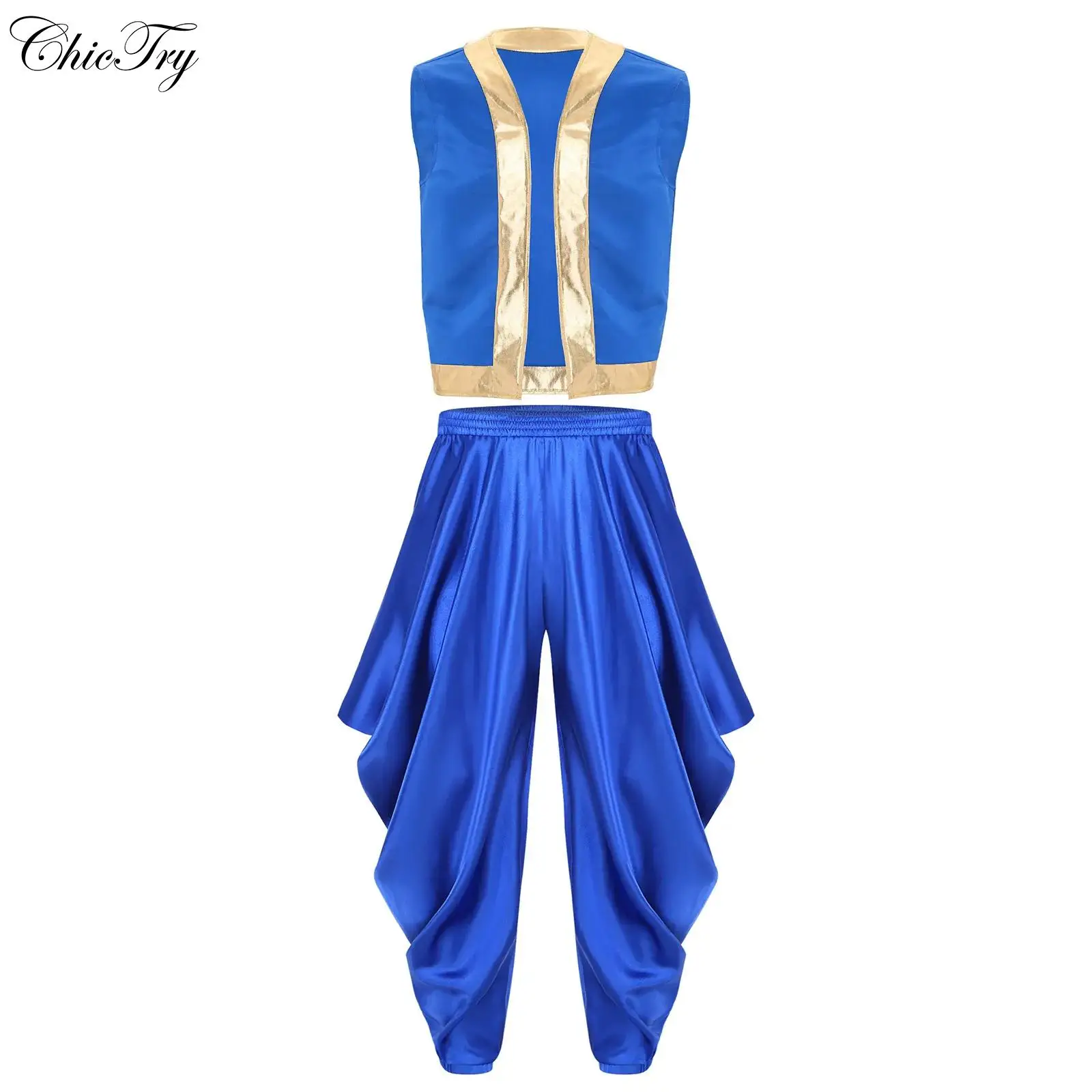 

Мужской арабский костюм принца для косплея, жилет на Хэллоуин, наряды с открытым передом, металлический жилет и свободные шаровары, комплект для тематической вечеринки