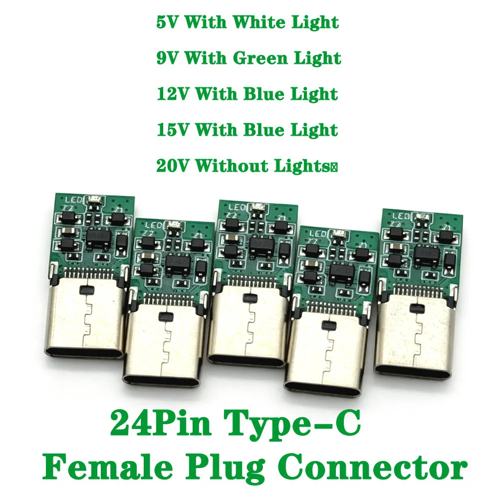 TYPE C USB 24Pin Jack Female Plug Welding Connector Adapter DC 5V 9V12V 15V 20V Trigger Connector With LED Lights And Chips