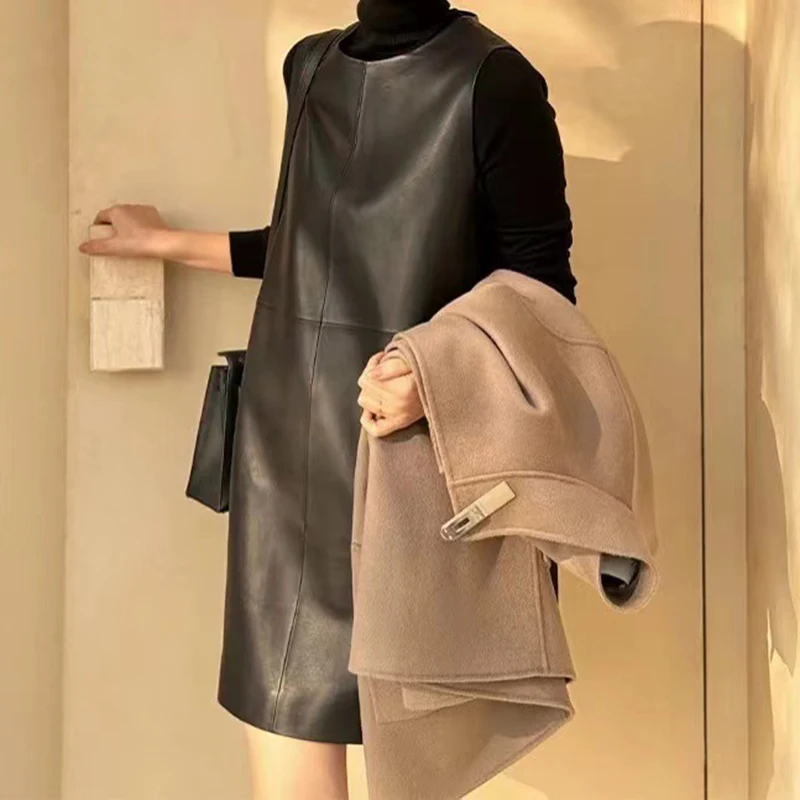 Classic Retro Leather Black Dress Women Spring O-Neck Sleeveless Short Semi-Vegetable Tanned Sheepskin Straight Vest Vestidos