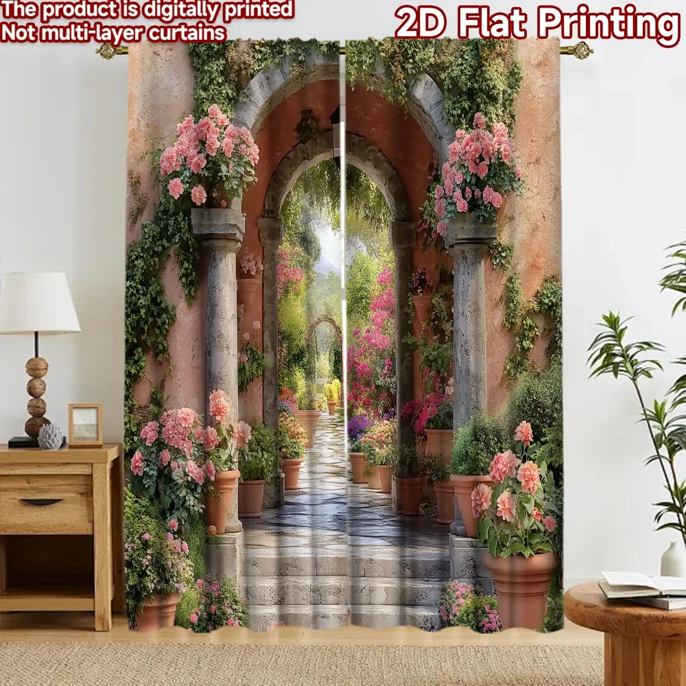 2D flat 2pcs Curtain Home Short Curtains Floral Garden Archway Durable polyester fiber Festive Wall Decor for Photo Booths &