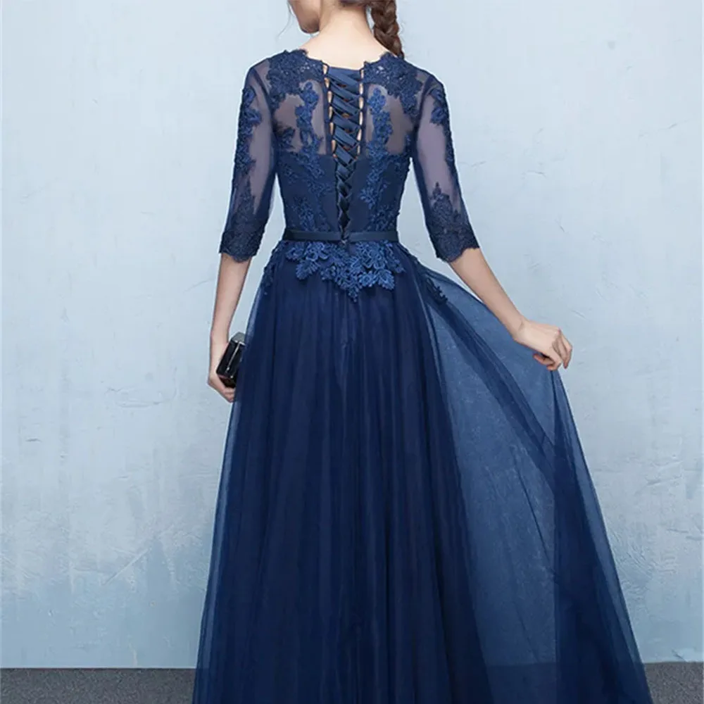 Robe de soirée mère de la mariée bleu marine, élégante, demi-manches transparentes avec appliques à lacets au dos, longueur au sol, bleu royal