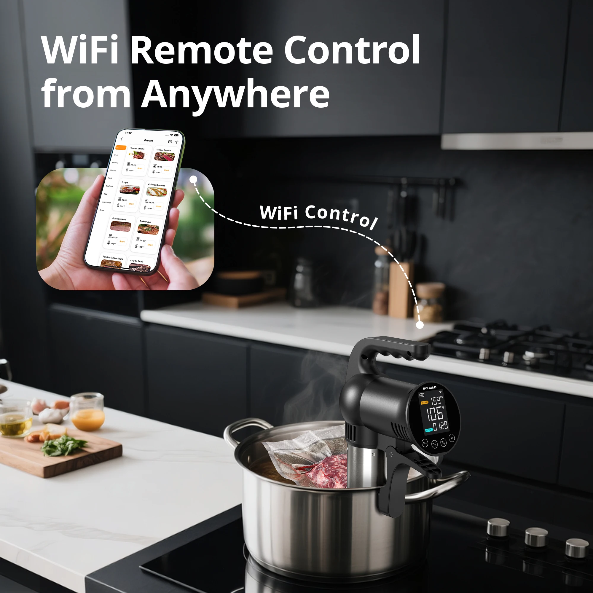 INKBIRD SSV-102-W 2.4G WiFi Sous Vide Machine 1000W Immersion Cooker with App Control, Precise ±0.1°C Temp, Timer & Booking image 5