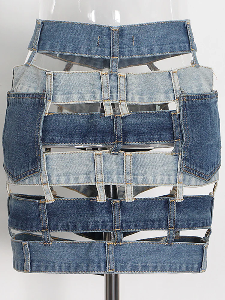 DEAT Women Denim Skirt High Waist Hollow Out Contrast Color Slim Patchwork Cargo Mini Skirts 2024 Autumn New Fashion 29L1009
