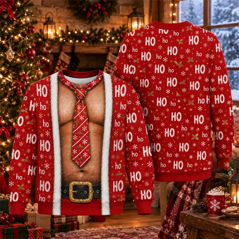 Neuartiger hässlicher Weihnachtspullover, lustiger 3D-Sweatshirt mit Fake-Muskel-Grafik, Unisex-Pullover für Herbst und Winter, Familienfeier, Weihnachtsgeschenk – Detail 7