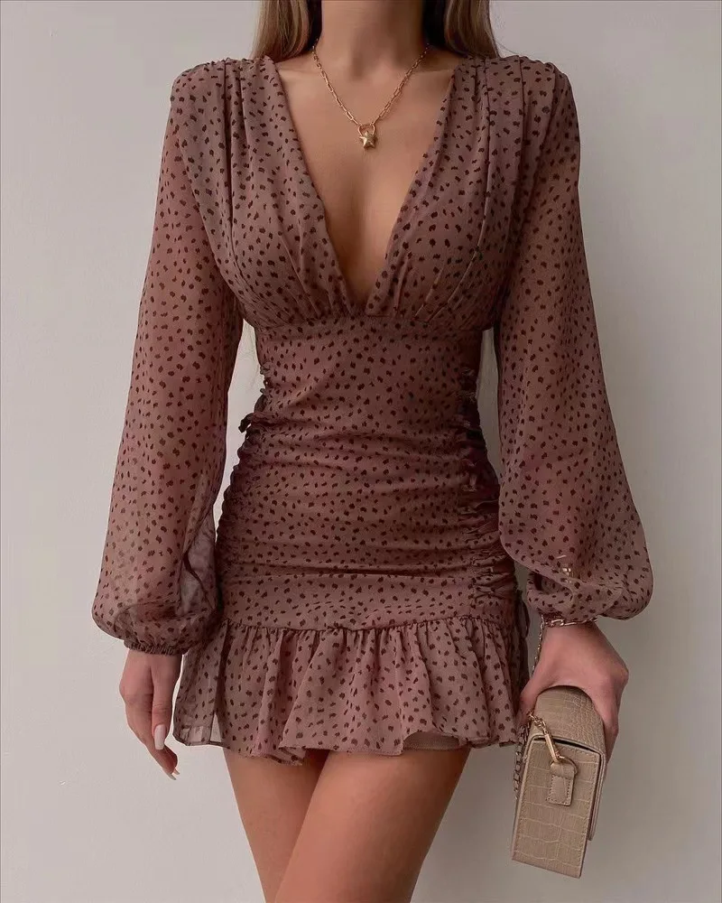 Vestido largo informal de mujer con escote en V profundo, vestido Midi pado de manga larga, falda acampanada de cintura al...