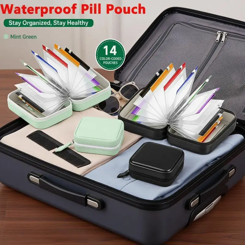 Waterproof Pill Pouch Kit with 7 Color-Coded Reusable Pouches Writable Labels for Travel Daily Medication Storage