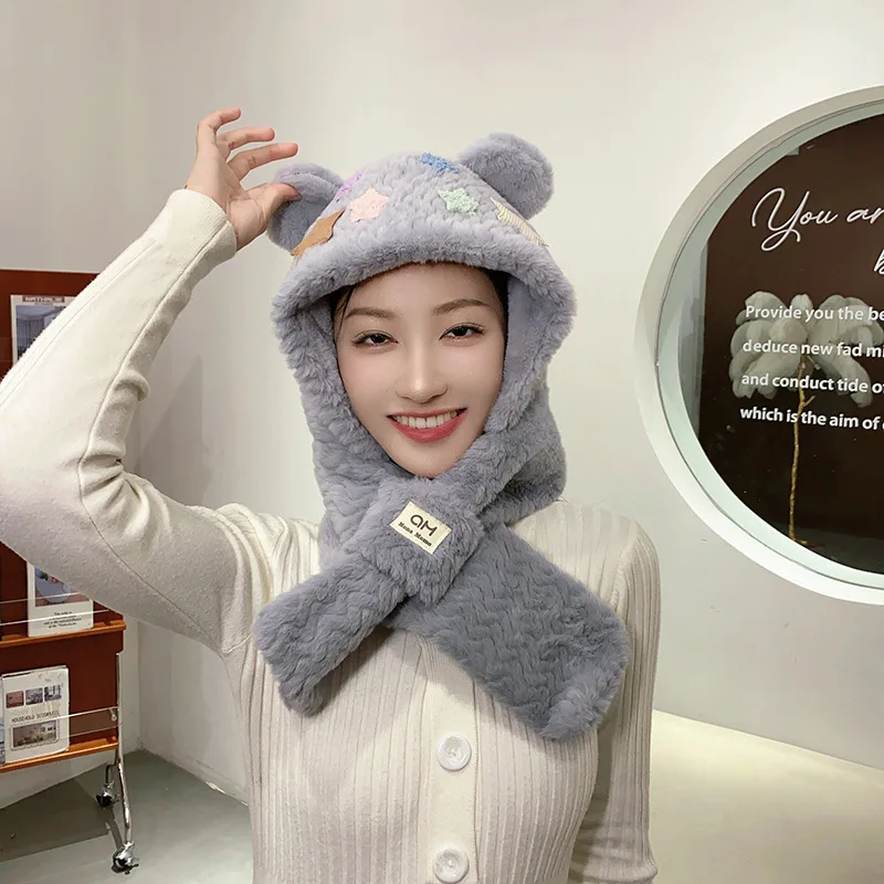 Hot Cute Little Bear Star Hat Scarf Autumn Winter Dome Shaped No Eave Warm Cold Resistant Riding Bike Plush Hat Balaclava