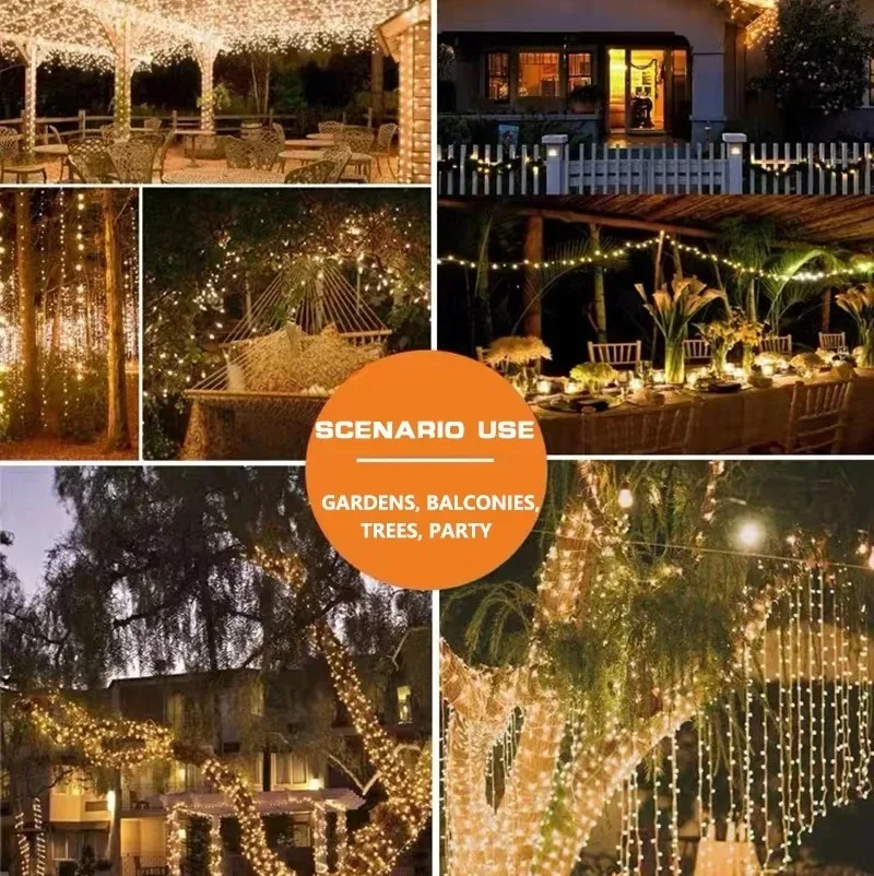 Halloween Christmas Solar Curtain String Lights 3x3M 300LED 8 Modes Outdoor Garland Holiday Party Home Decor