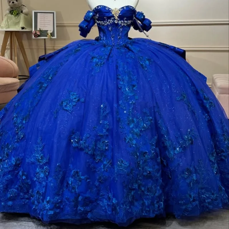 فستان Quinceanera باللون الأزرق الداكن اللامع كريستال لامع ثلاثي الأبعاد على شكل زهرة ملصق طويل بفيونكة فاخرة من Vestidos De 15 Quinceanera تخصيص #2