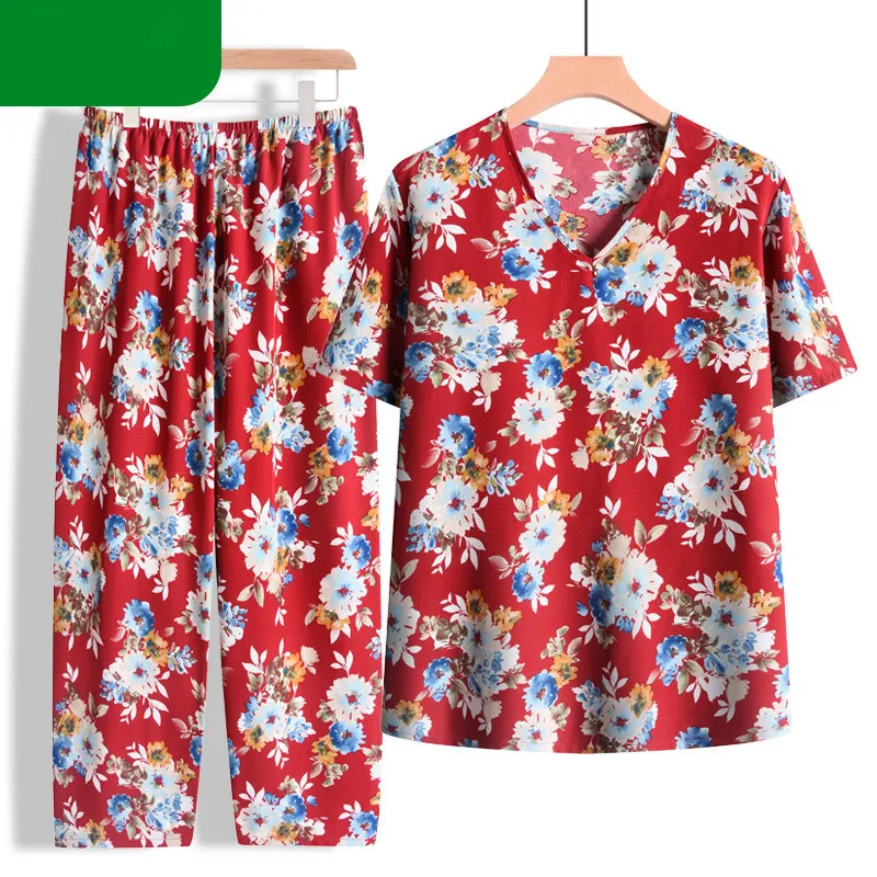 Women Pajama Set Vintage Printing Cotton Sleepwear Pyjamas Female Short Sleeve Trousers Sets Middle Aged Mother Home Suit 4XL