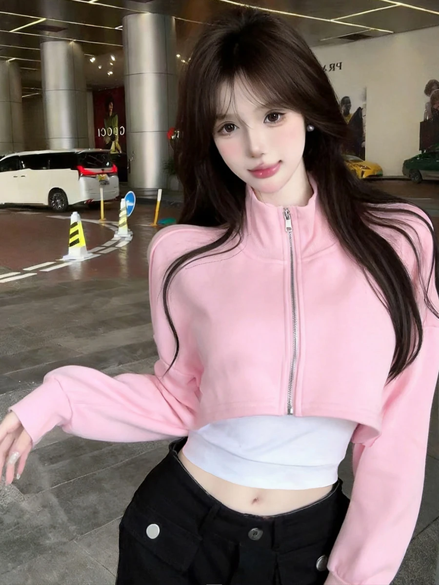 Casual Fashion Sporty Semi-High Collar Sweet Spicy Pure Desire Open Cardigan Slimming Sweatshirt Jacket with Halter Vest Two-...