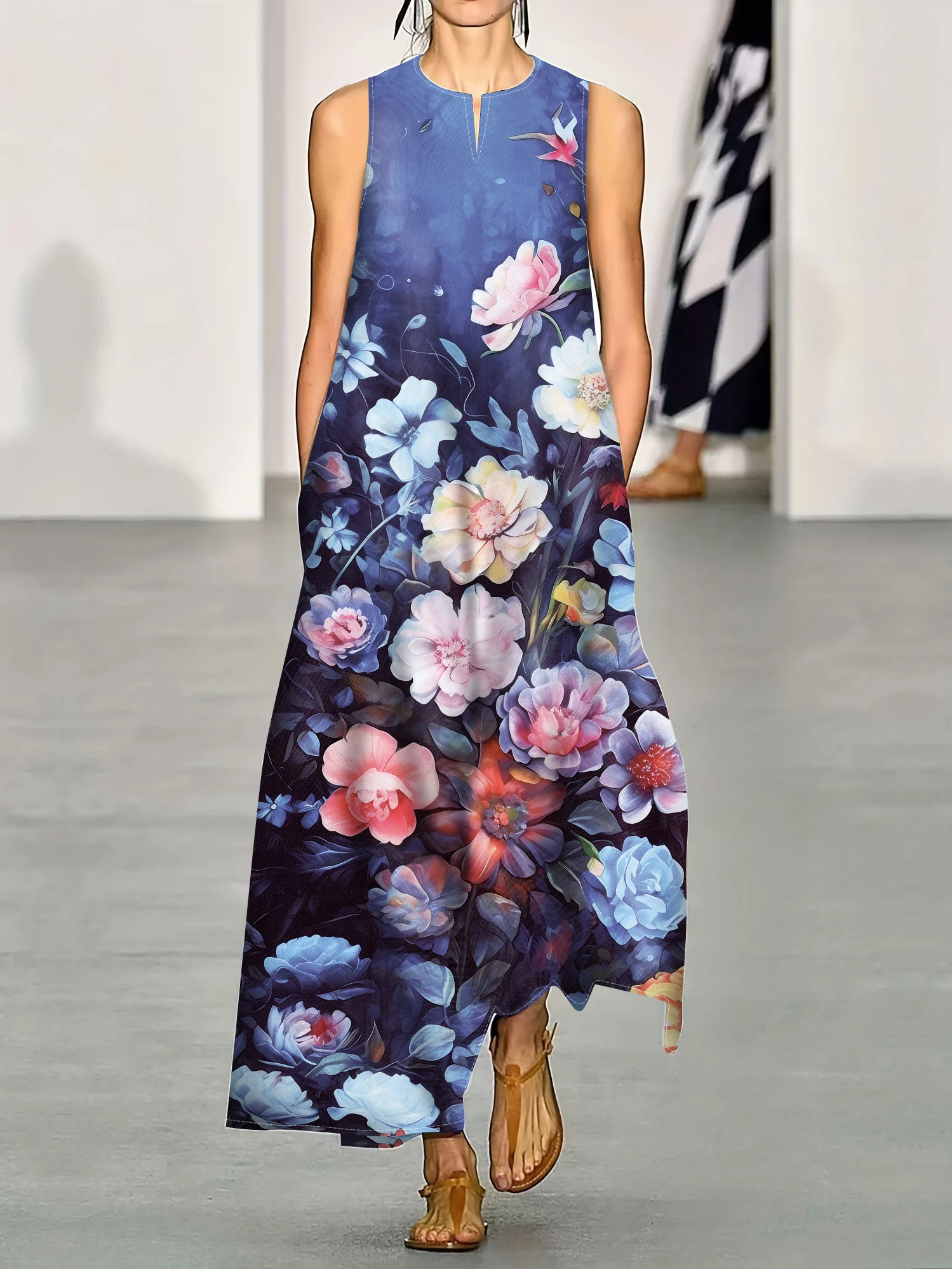 

Europe and The United States Style Summer New Women's Print Sleeveless Dress Women Loose Large Size Medium Long Style