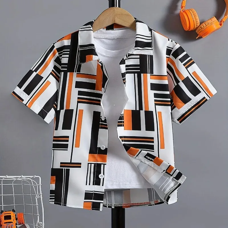 Camisa de Playa Informal para Niños, Ideal para Surfear y Viajar en Verano, con Estampado de Palmeras, Olas y Sol
