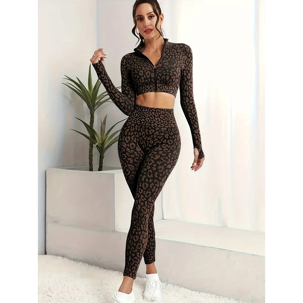 Women's Leopard Print Yoga Suit, 2-Piece Athletic Set, High Waist Leggings and Crop Top, Stretchy Sportswear, Quick-Dry Fitness