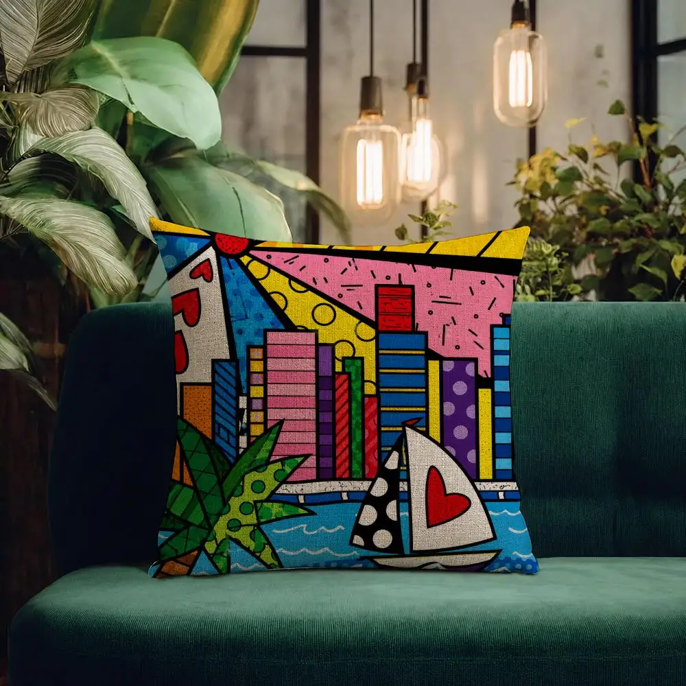 Artist Britto Pop Art Colorful Geometric Cushion Cover Natural Linen Pillowcase Set Cushion Cover for Sofa Bedroom Chair