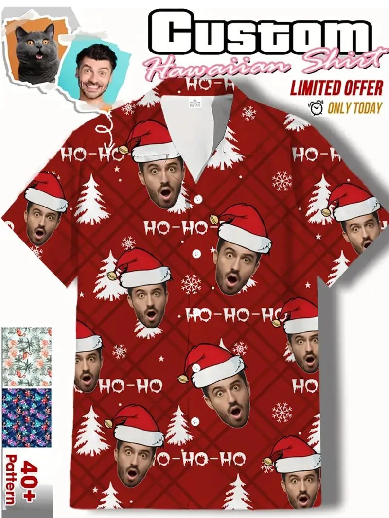 الكرتون عيد الميلاد قبعة مخصصة Diy بها بنفسك الوجه الجرافيك الرجال قصيرة الأكمام التلبيب قميص بلايز زر عيد الميلاد قمصان عطلة اليومية الإناث البلوزات #3