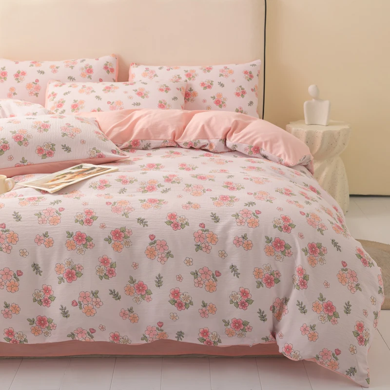 Double-layer Gauze Bedding Set Flower Printed Bedsheet Sets Adults Room Bedclothes juegos de sábanas Home Soft Bed Linen Set