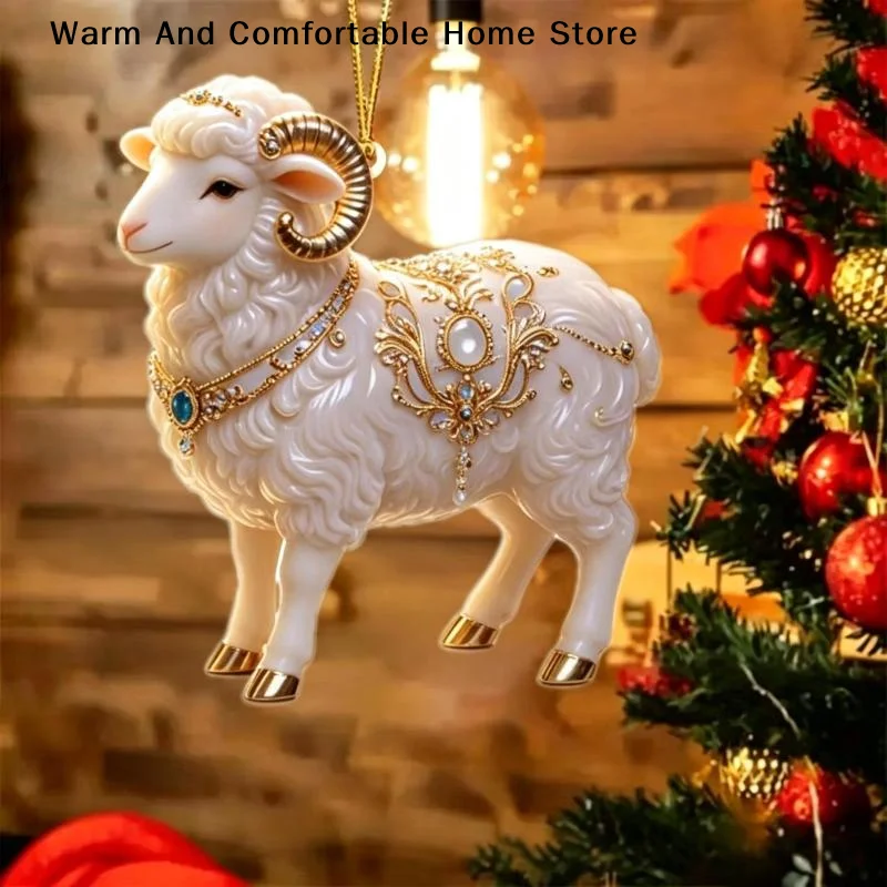 2D Acrylic Chinese Zodiac Goat Christmas Tree Hanging Ornament Auspicious Red Gold For Spring Festival New Year Home Decoration