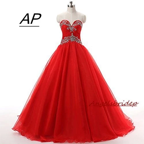 

ANGELSBRIDEP Red Crystals Sweetheart Neckline Wedding Dresses Zipper Formal Birthday Party Prom Ball Gown Floor Length Plus Size