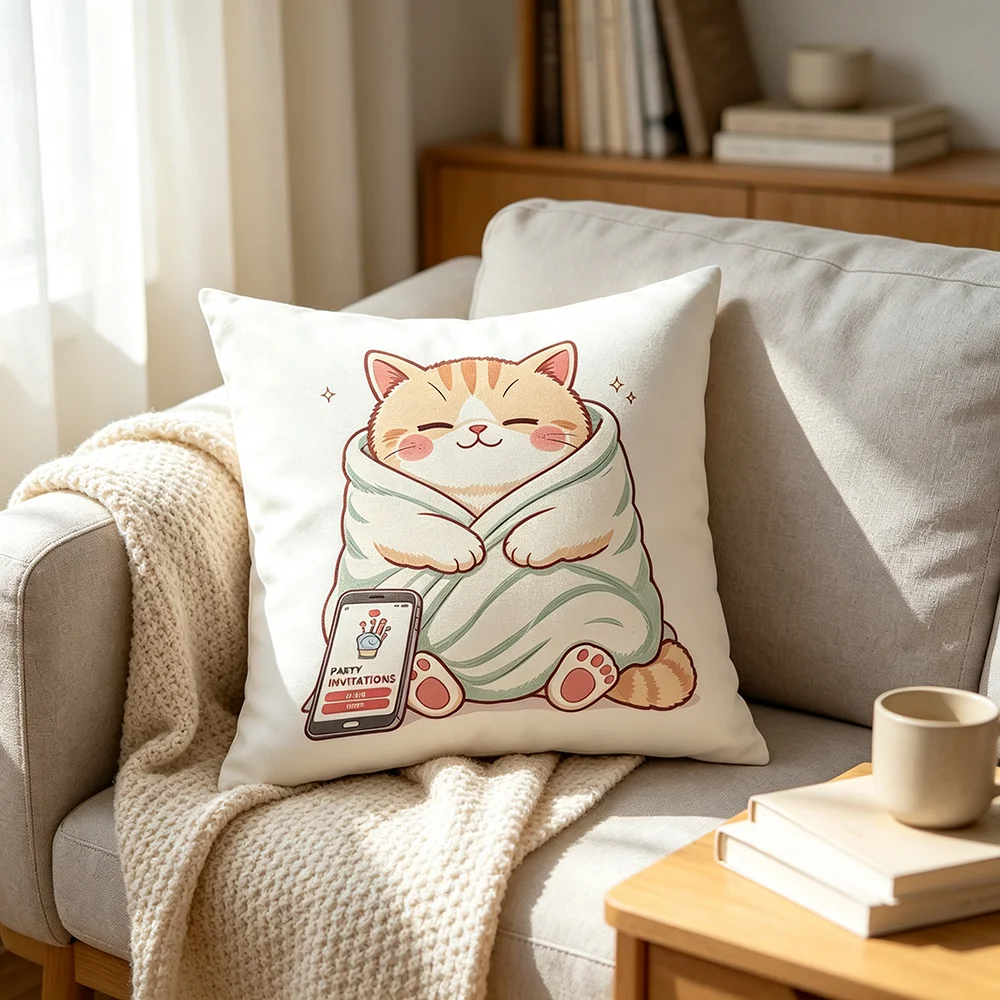 1PC Throw Pillow Cover,Cute Cat In Bathrobe Print,Kawaii Cartoon Style,For Sofa Bedroom Couch Home Decor