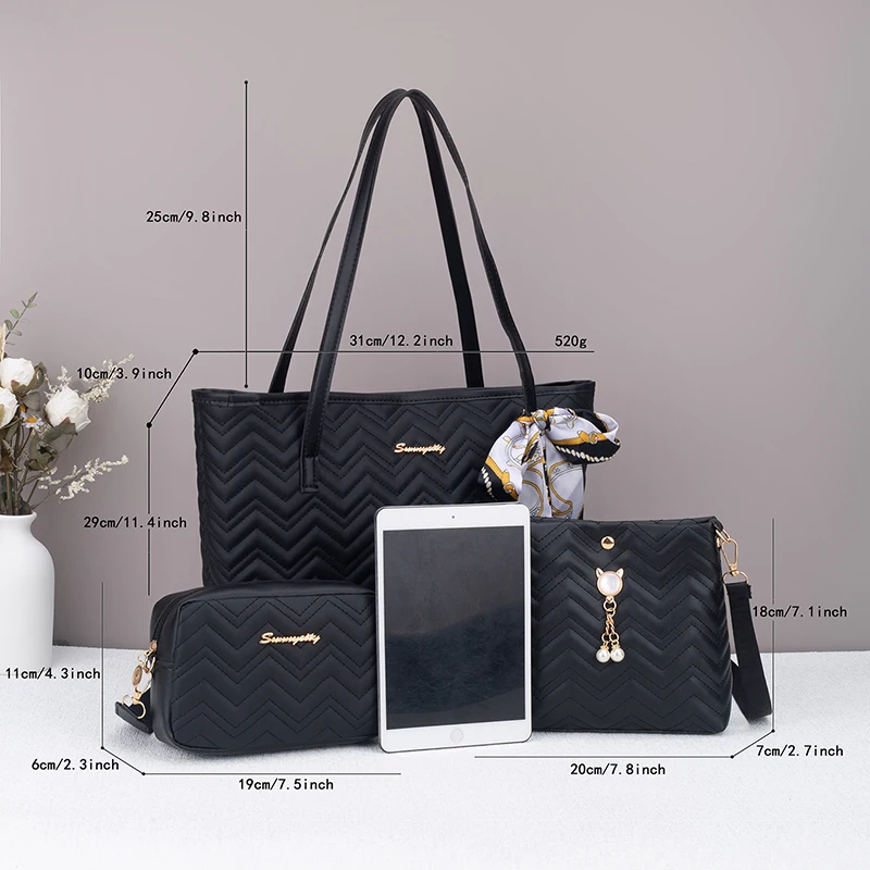 Daily commuting large capacity wavy pattern tote bag handbag three piece set fashionable, trendy, personalized change camera bag