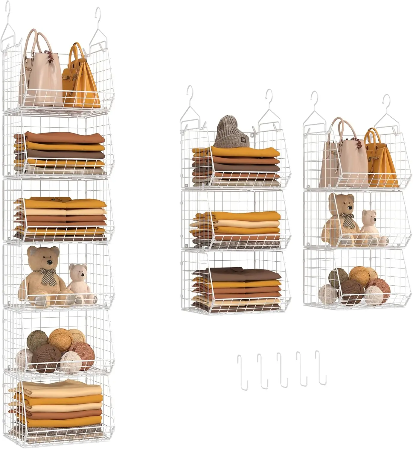 

6 Tier Closet Hanging Organizer, Clothes Hanging Shelves with 4 Hanging Hooks 5 S Hooks, Wire Storage Basket Bins, for Clothing