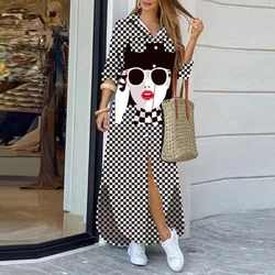 Vintage Women Face Pattern Print A-line Party Dresses Summer Fashion O-neck Sleeveless Maxi Dress Elegant Ladies Long Vestidos