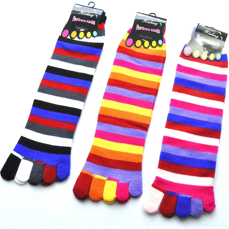 Colored Stripes Five Fingers Socks For Women Students Spring New Knitted Cotton Mid Sock Winter Girls Split Toes Stockings