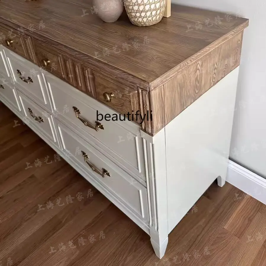 American-Style Solid Wood Chest of Drawers Contrast Color Locker Distressed Retro French Entrance Cabinet Multi-Functional