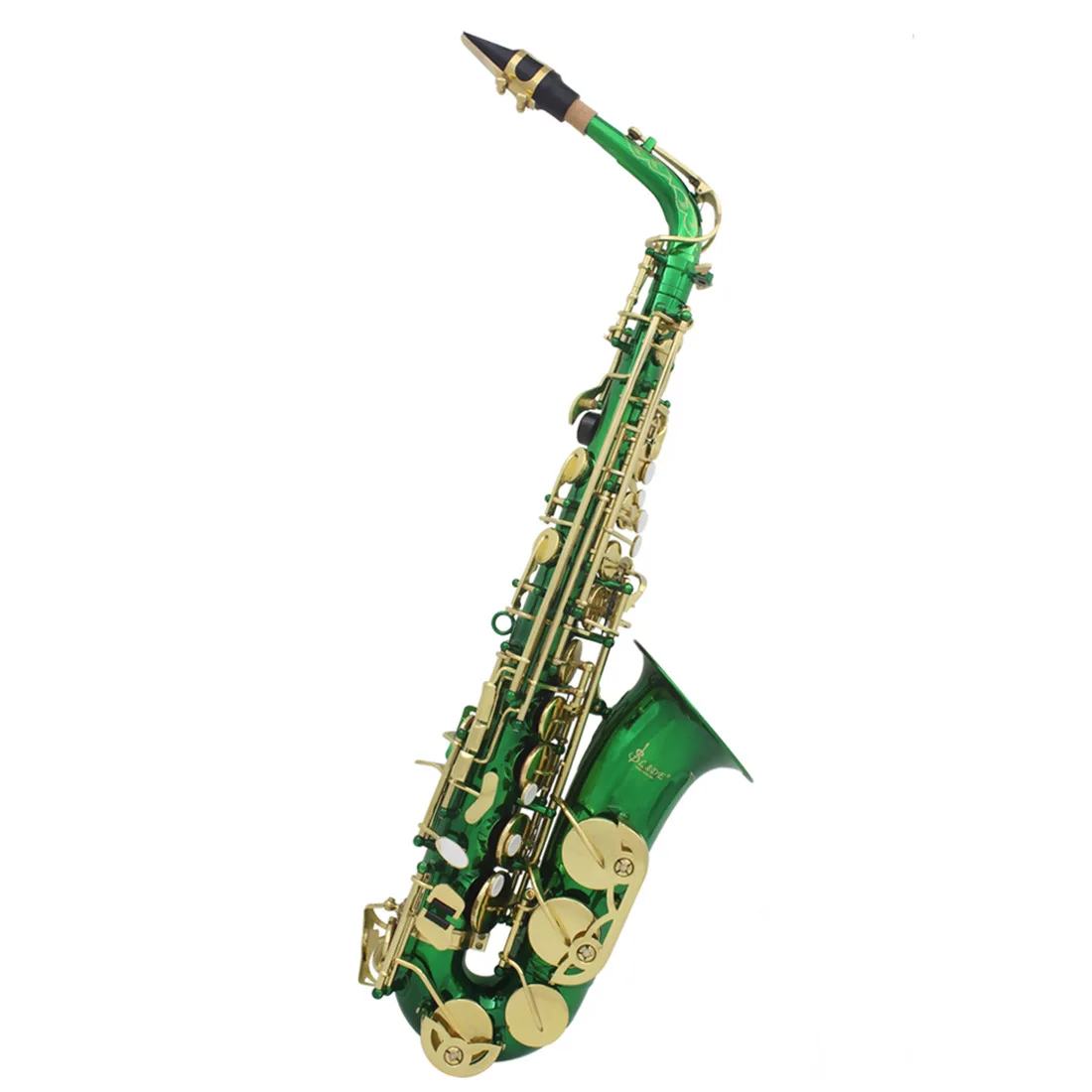 

Alto saxophone Eb brass with carved white shell buttons green cloth box instrument