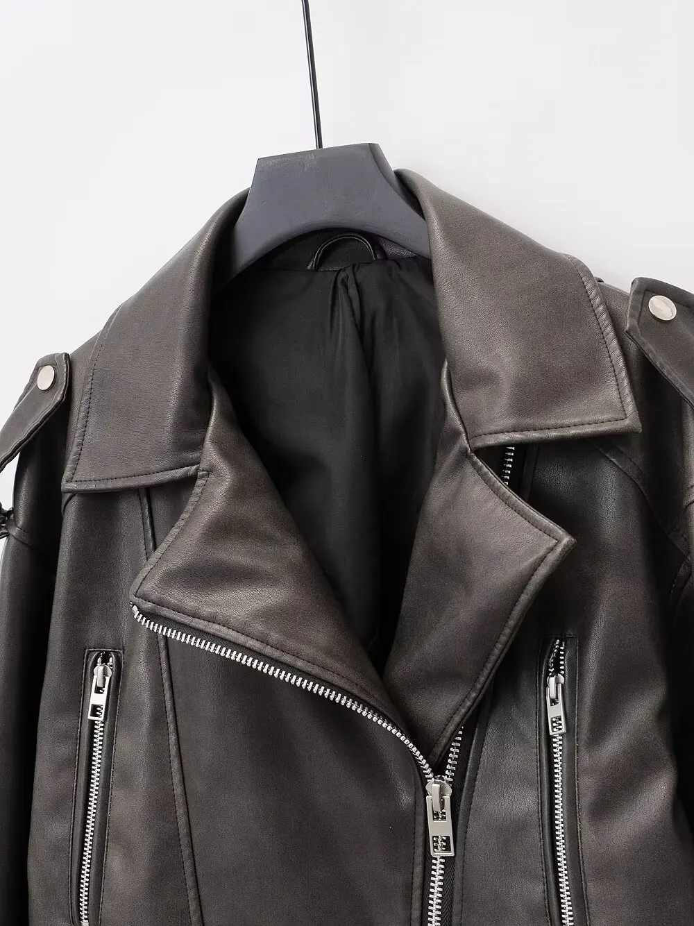 American hottie black motorcycle imitation leather short jacket coat women\'s early autumn new design leather jacket