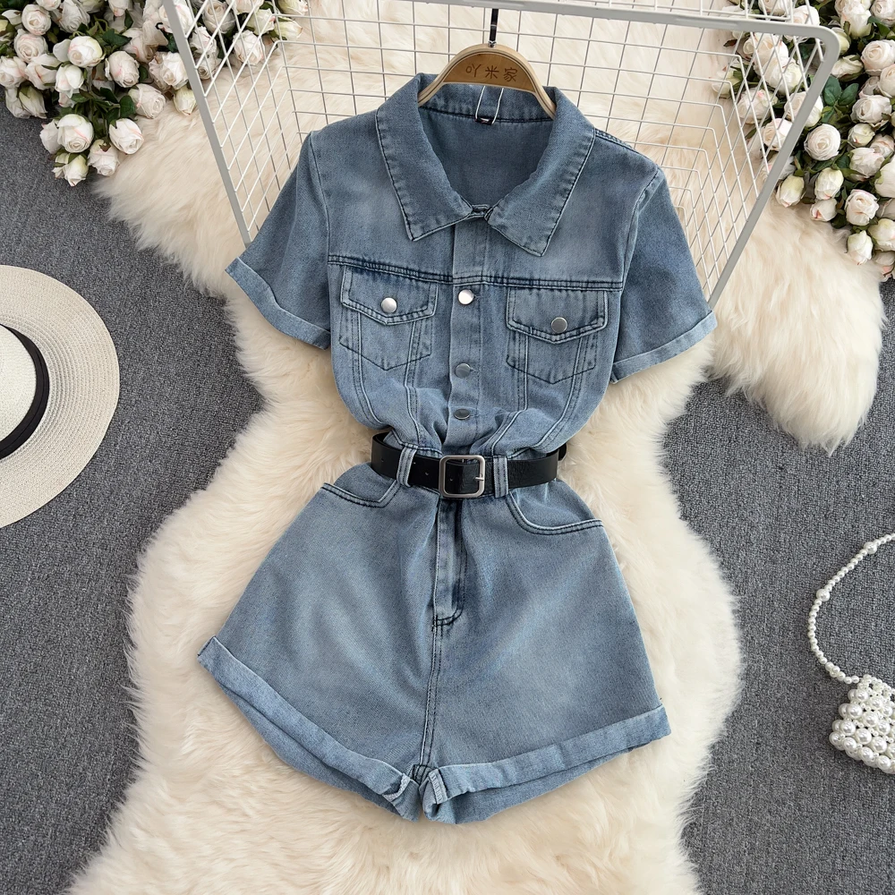 

Retro Hong Kong Sle Single Button Collar Workwear ort Dr High Waist Slimming Small Size ort Sve Overall Summer