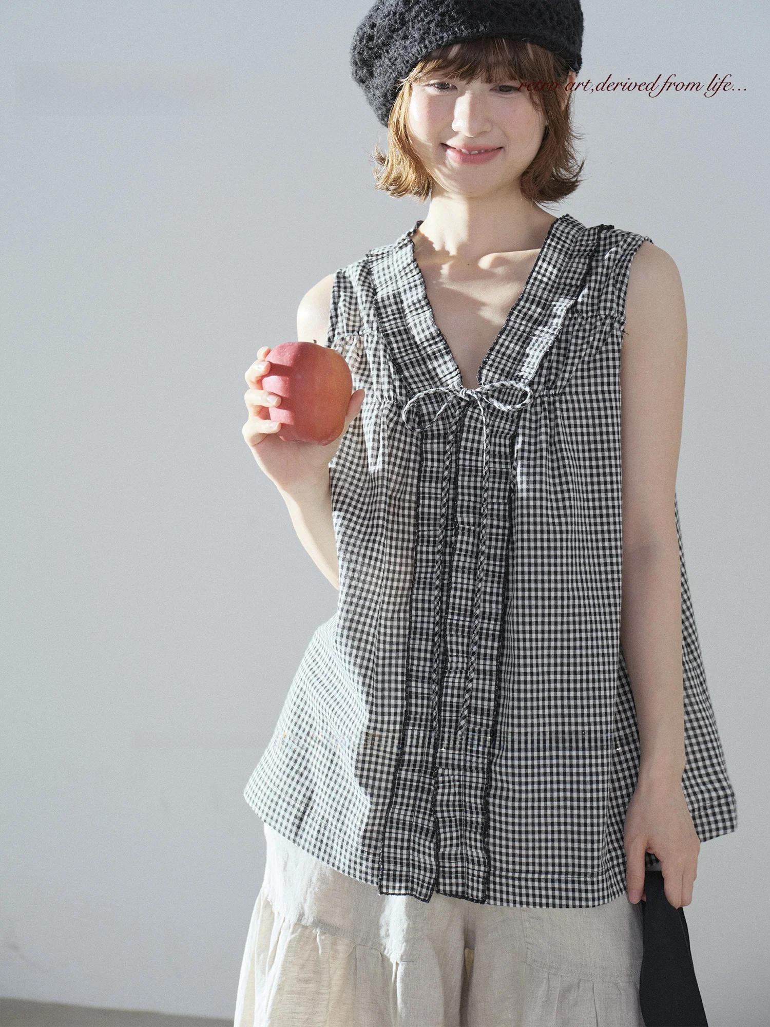 

Slimming Effect Plaid Svel Women's irt Loose Fit Summer Sle V-Ne Casual Cotton Top TIONGTIONG Retro Artistic Tie